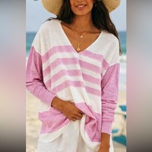 Elliot Lauren 100% Linen pink and white lightweight sweater